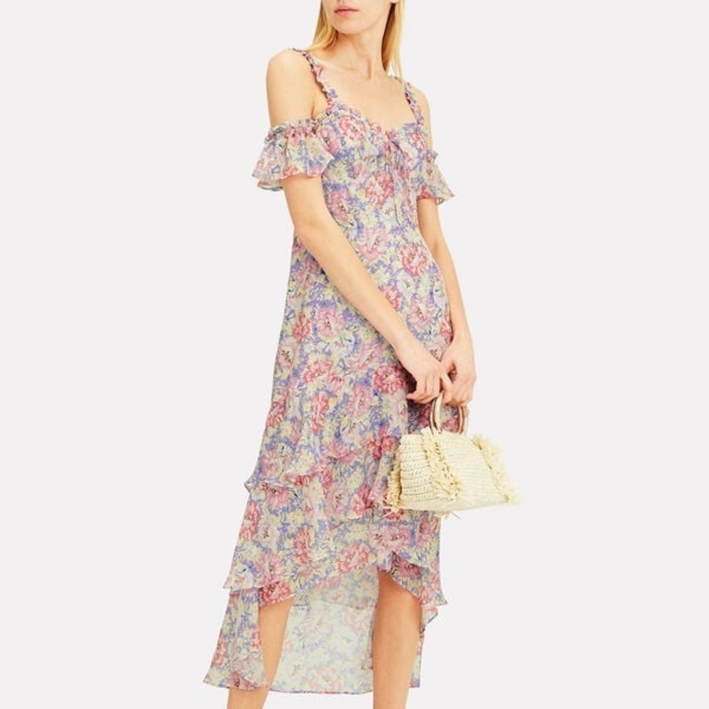INTERMIX Pink and Blue Floral Sophia Printed High-Low Ruffle Dress Size 2